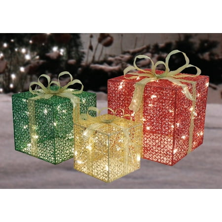 3Piece Glittery Red, Green & Gold Gift Box Lighted Christmas Outdoor