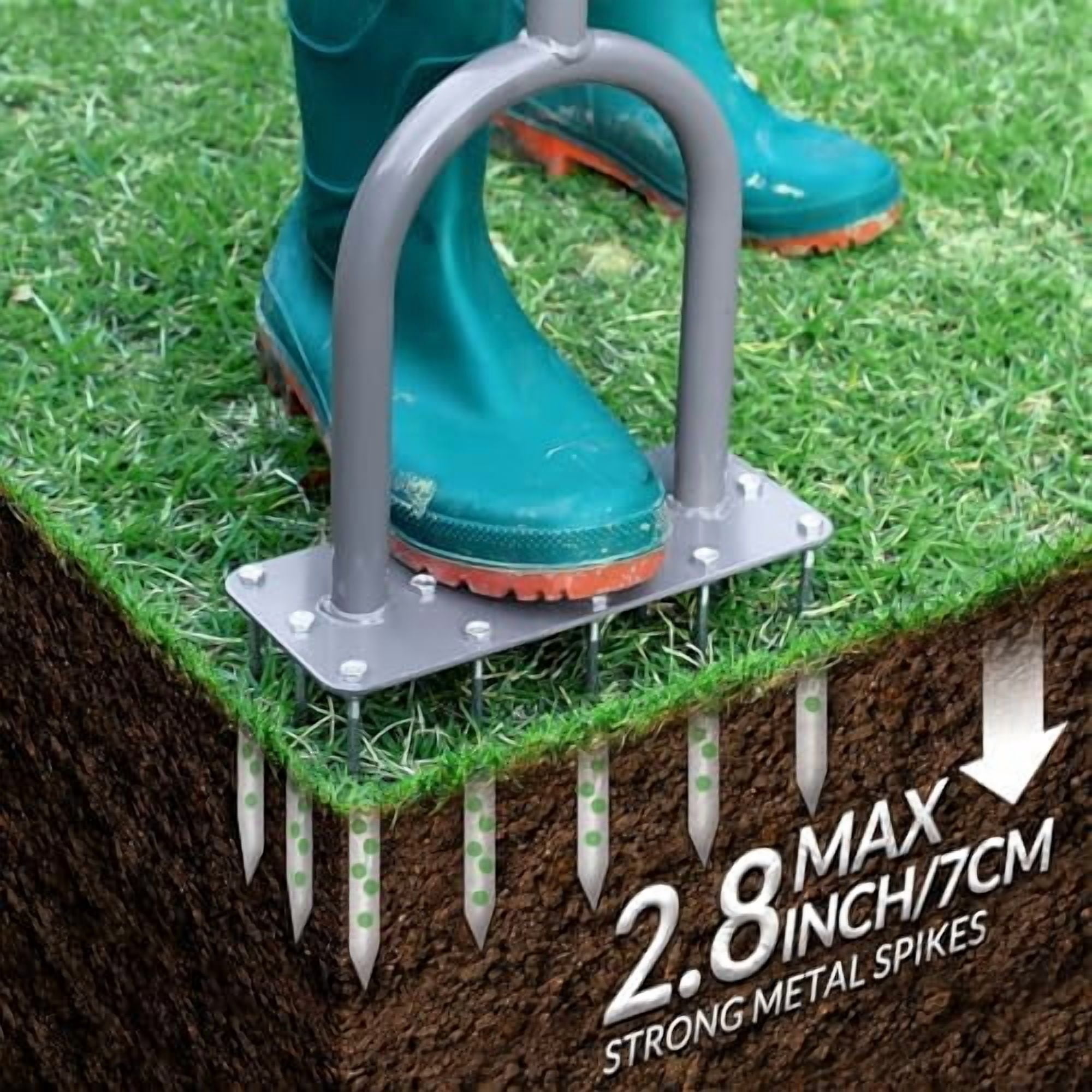 Manual Lawn Aerator with 15 Iron Spikes, Pre-Assembled Dethatching and Soil Aeration Tool for Yard and Garden, Revives Lawn Health, Patented Grass Plug Aerator