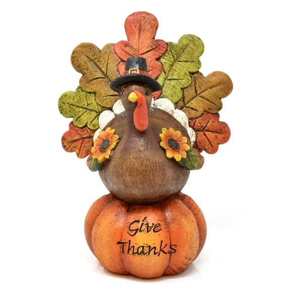 Hand-Painted Thanksgiving Turkey Pumpkin Table Decoration, Resin Table Turkey Pumpkin Centerpiece Table Decoration with Artificial Maple Leaves for Thanksgiving Party