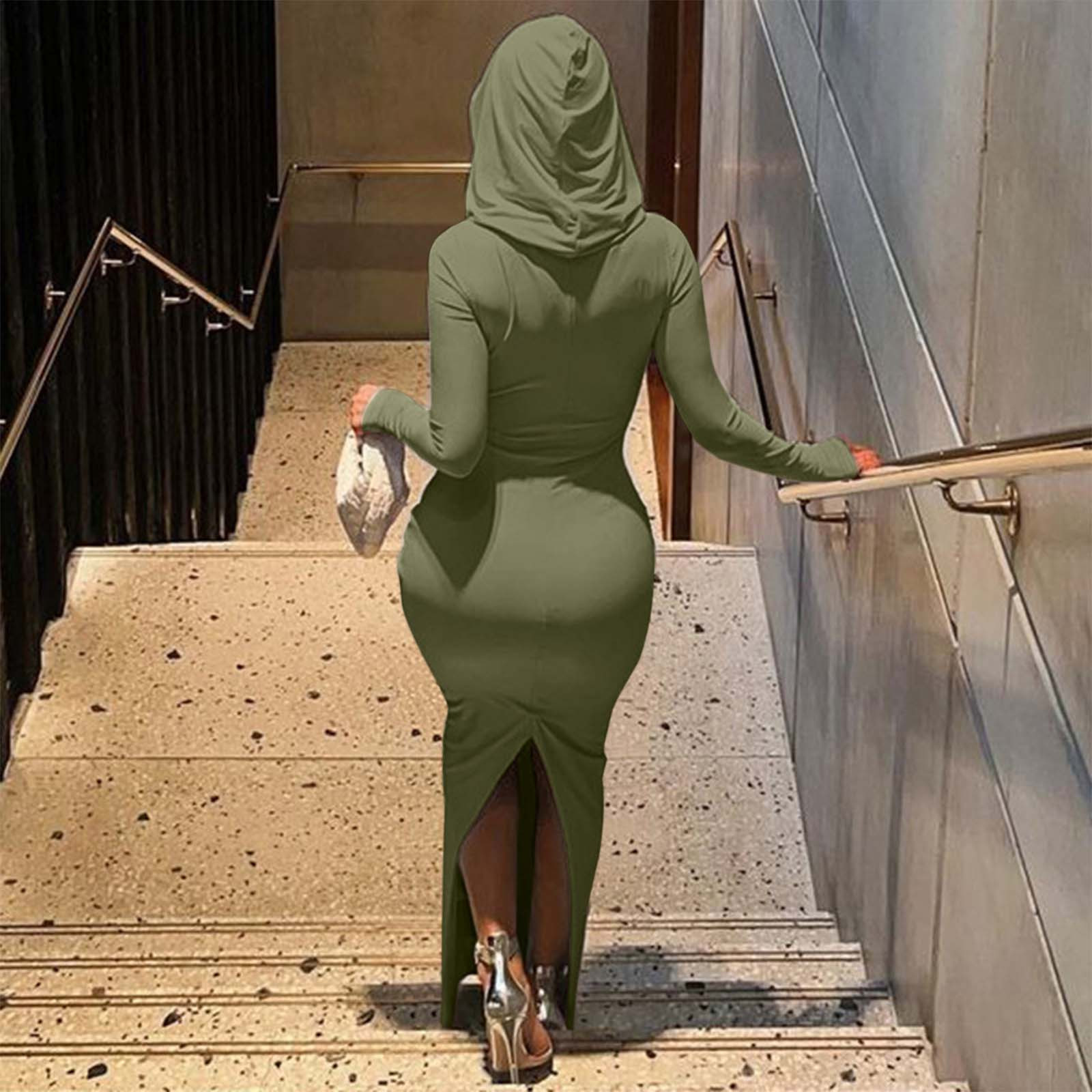 Women's Autumn Casual Solid Color Slim Fit Hooded Bodycon Split