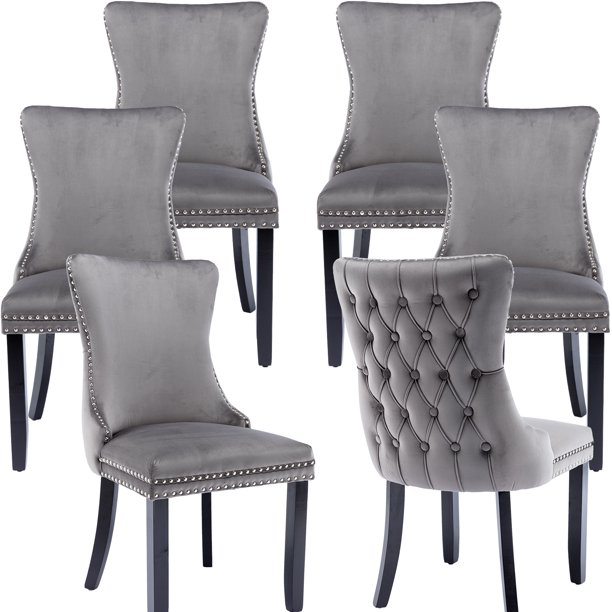 Gray Dining Chairs Set of 6, Kitchen & Dining Room Chairs Set of 6, Tufted Dining Chairs, Velvet