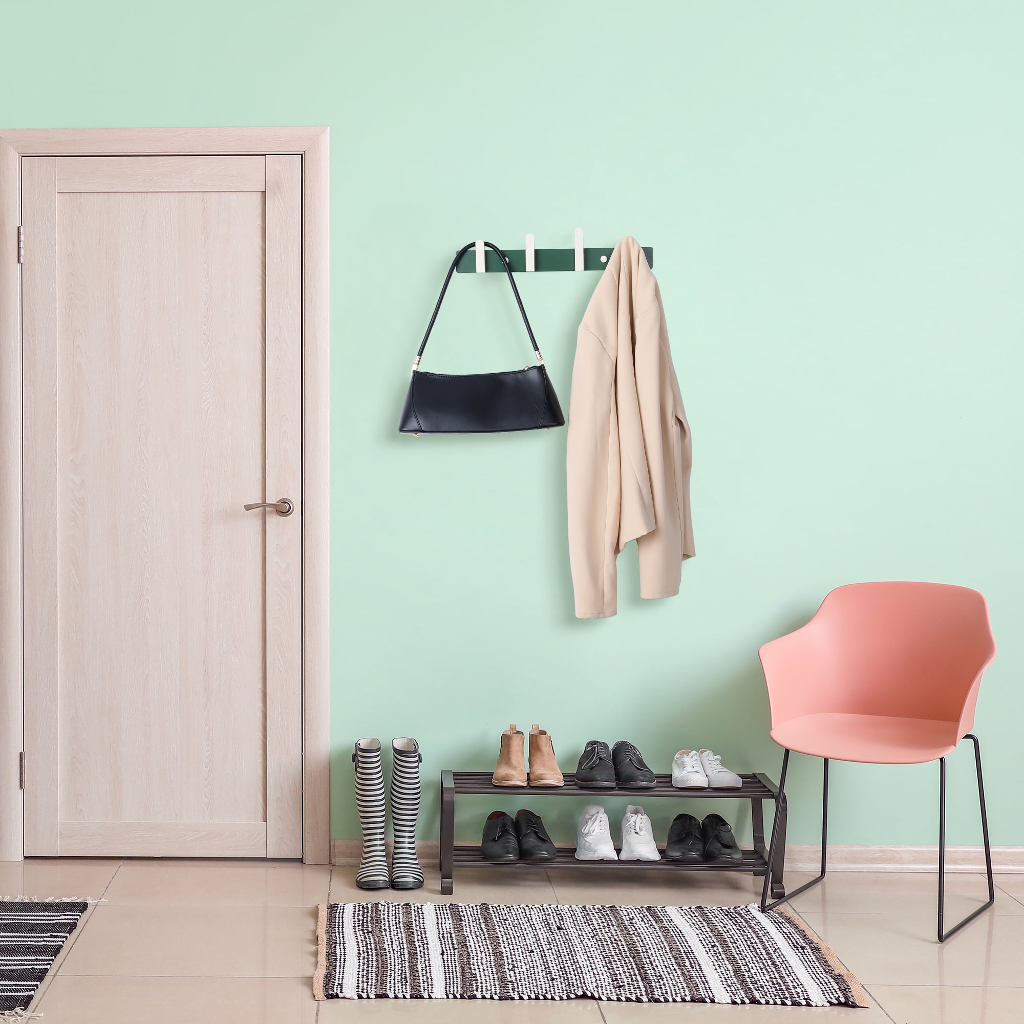 Unique Bargains Coat Rack Wall Mount Wood Coat Hook for Hanging w 4 Hooks Hat Rack Green