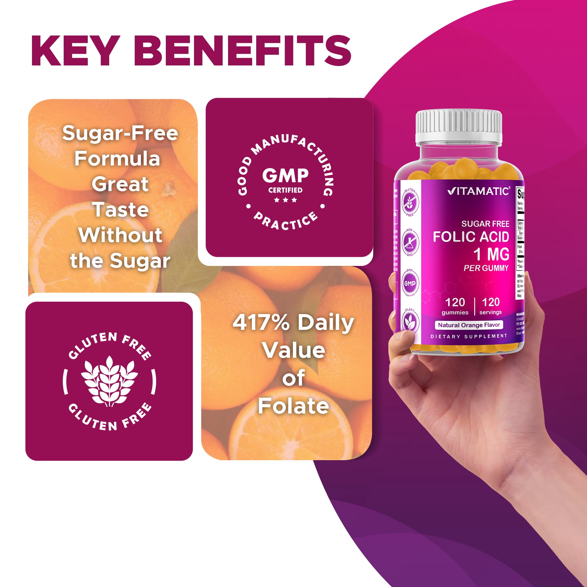 2 Pack Vitamatic Folic Acid Gummies 1000 mcg (1 mg) - an Essential Prenatal Vitamins for Mom & Baby - Vitamin B9 - 120 Vegan Gummies