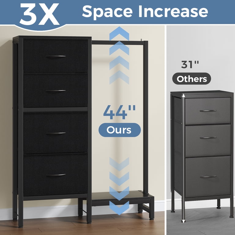 CONCETTA 44-inch Tall Dresser with Hanging Rack & 4 Drawers, Small Bedroom  Closet, Reversible Fabric Chest, Sturdy Frame Storage Tower, Black