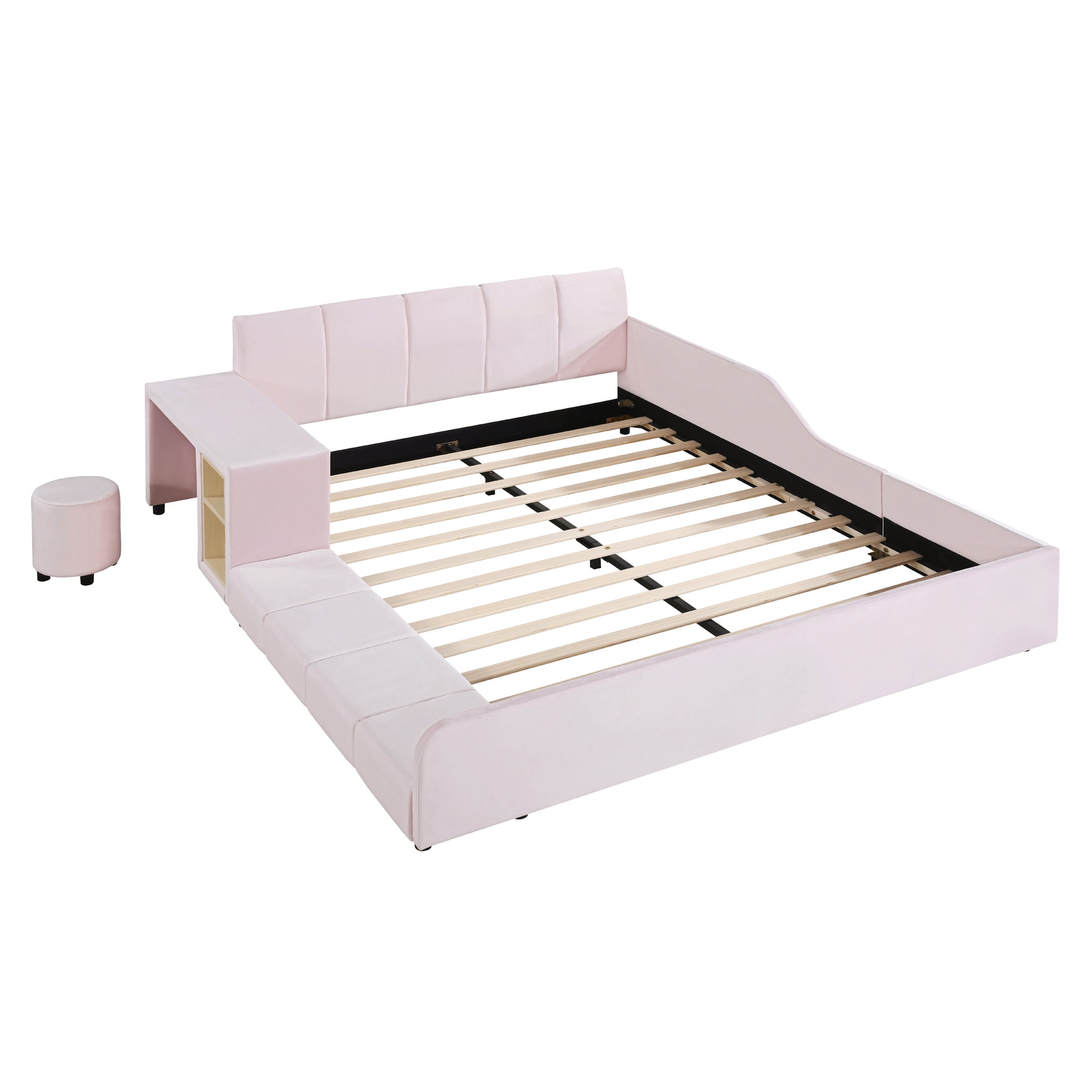 Aukfa Queen Size Velvet Upholstered Mother & Child Bed Frame, Grounded Platform Bed with Bedside Desk & Round Stool, Floor Bed for Kids & Adults Bedroom, Pink