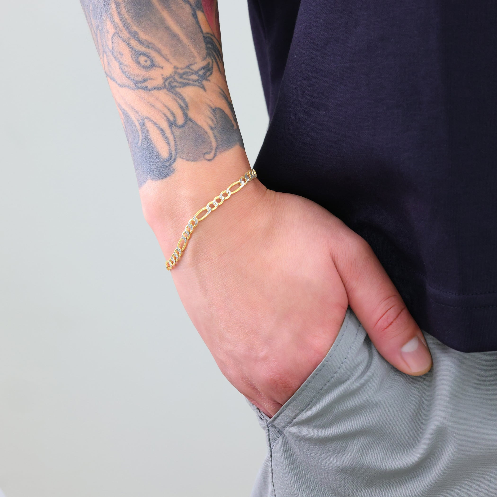 Nuragold 10k Real Yellow Gold Figaro Link 4.5mm Diamond Cut Two Tone Pave Chain Bracelet (7"-9") Italian Jewelry for Men & Women