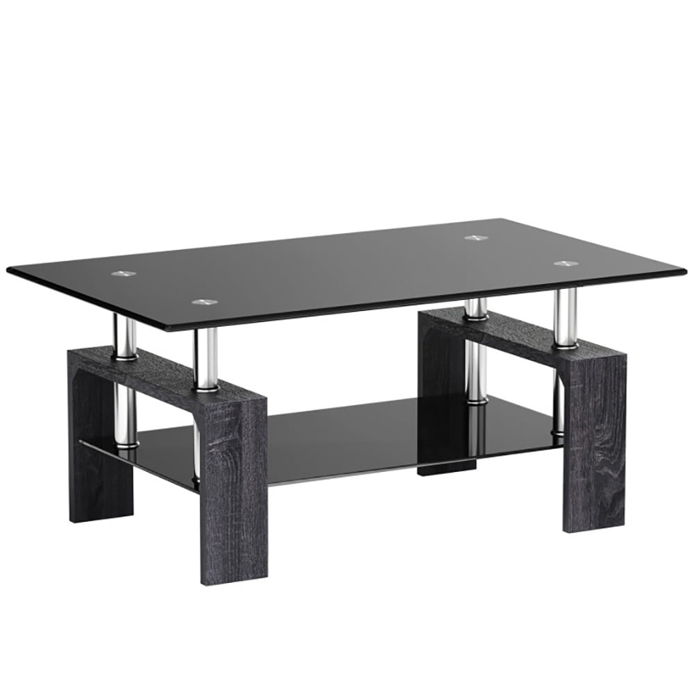 Finihen Wooden Coffee Table, Rectangular Tempered Glass Coffee Table with Shelf, for Living Room, Reception Room, Office, Gray