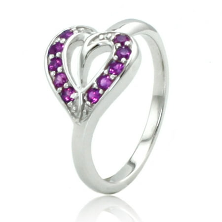 February Amethyst Color Heart - Sterling Silver Amethyst Color Cubic Zirconia Heart Leaf Promise Ring