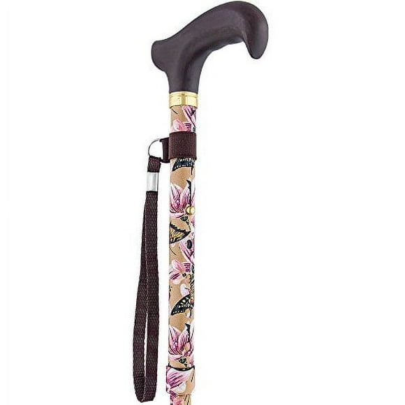 legant Adjustable Folding Cane - Lily & Butterfly Derby, Dark Beechwood Handle, Gold Collar, Tan Shaft with Pink & White Lilies, Monarch & Swallowtail Butterflies, Perfect Spring A