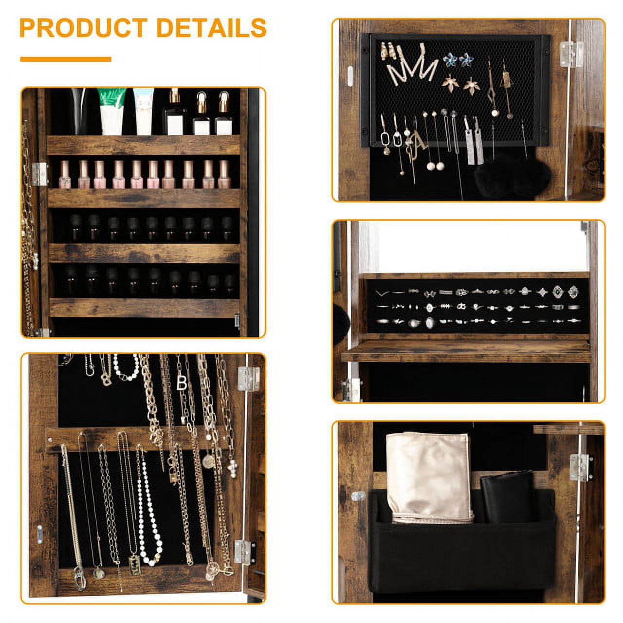 Oumilen Jewelry Armoire on Casters with Chest Drawer in Burnt Wood Brown for Adults