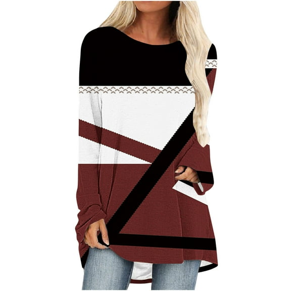 Graphic Print Shirts for Women Long Sleeve Color Block Plus Size Crew Neck Casual Loose Pullover Tops 90s Outfits for Ladies(Red,XL)