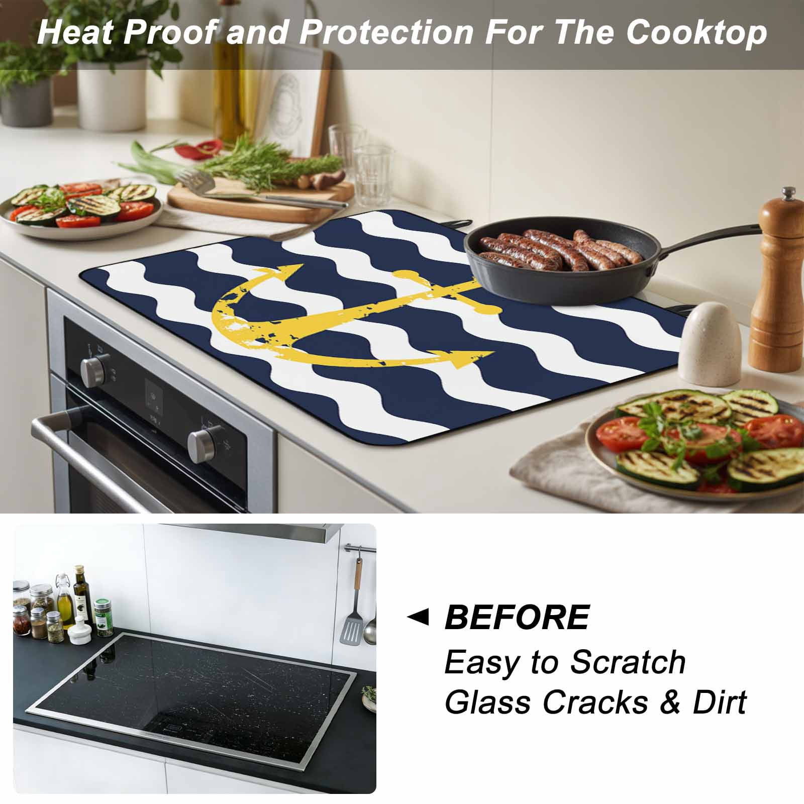 Navy Ripple Stove Top Cover for Electric Stove, Heat-proof & Non Slip Glass Top Stove Cover Protector, Yellow Anchor Navy White Waves Aesthetics Kitchen Flat Cooktop Rubber Mat 24x21 Inches