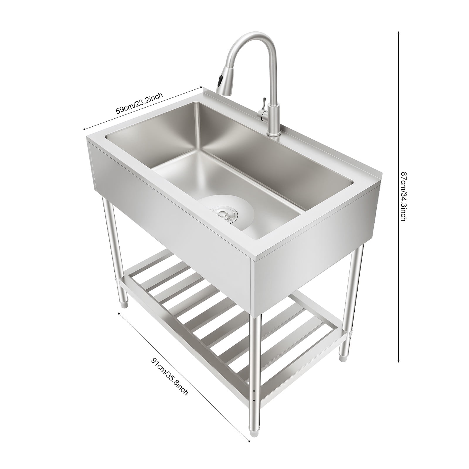 YIYIBUYS 91x59x87cm Free Standing Utility Sink Stainless Steel Restaurant Kitchen Sink Commercial Laundry Sink with Faucet