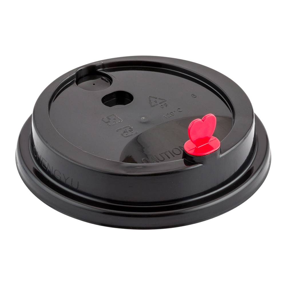 Black Plastic Coffee Cup Lid Fits 8, 12, 16 and 20 oz, with Red Heart