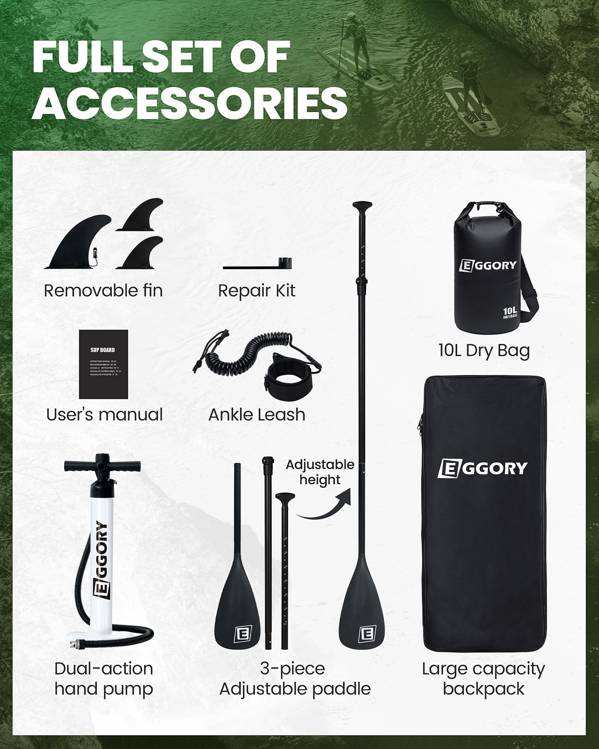 EGGORY 11 ft Inflatable Stand Up Paddle Boards Inflatable Paddle Boards with SUP Accessories Wide Stable Design Anti-Slip EVA Deck for Youth & Adults