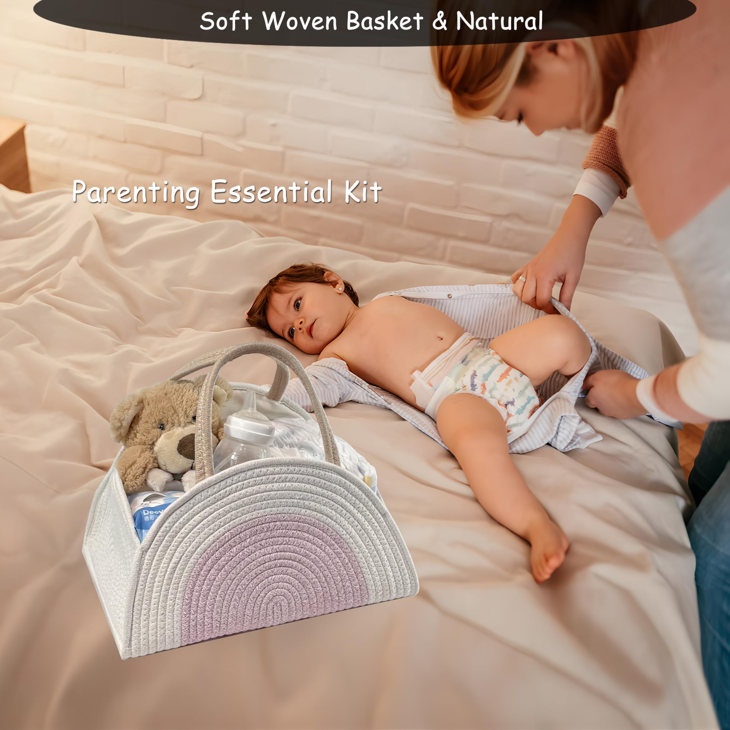 Diaper Caddy Organizer with Gift Bags and Ribbons - Sturdy Cotton Rope Basket for Baby Girl & Boy Newborn Essentials, Large Baby Gift Bag, Nursery Storage Caddy with Handles (white Brown)