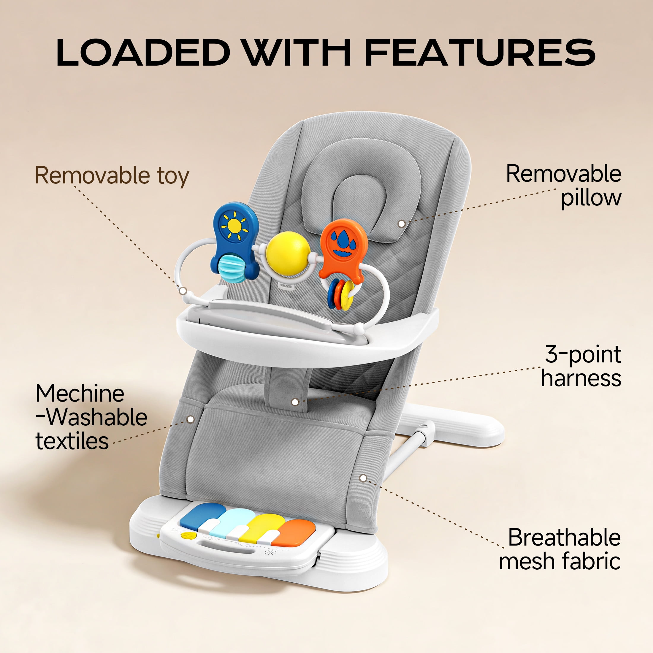Babyomi 4-1 Baby Bouncer , 3-Level Recline Foldable Rocker for Infant to Toddler 0-6 with Detachable Pianos, Feeding Tray and Play Bar 12-24 Months, Girls and Boys Gift, Gray