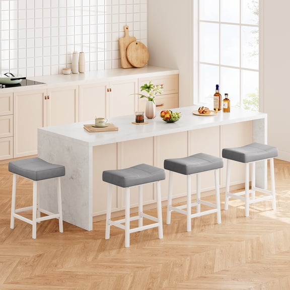 24" Counter Height Bar Stools Set, Faux Leather Saddle Barstools with Metal Legs & Footrest, Backless Upholstered Kitchen Island Stools