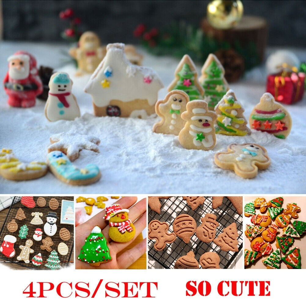4Pcs//Set Christmas Cookie Biscuit Plunger Cutter Mould Fondant Cake Mold Baking