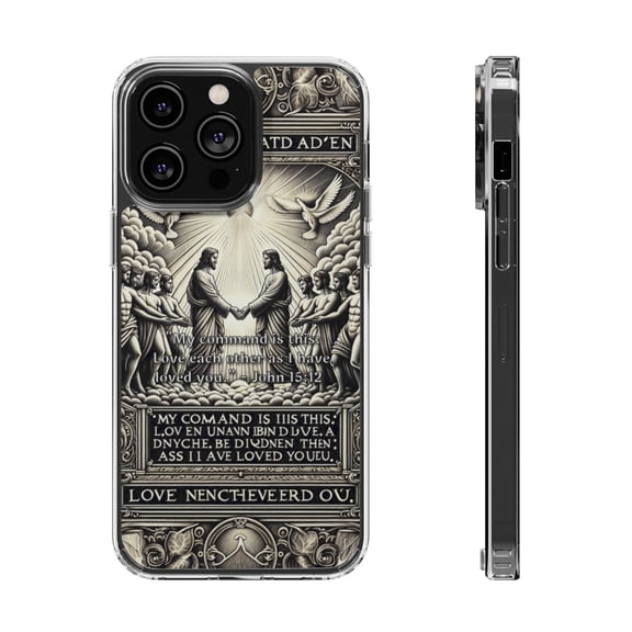 DistinctInk Hybrid (Acrylic / TPU) Clear Slim Fit Case for Apple iPhone 15 PLUS (6.7" Screen) - "John 15:12 - Loving Others with Christ's Example"