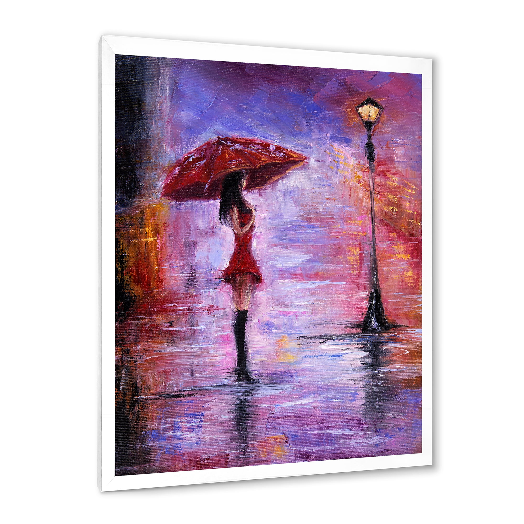 Designart 'The Girl With The Umbrella Walking In The Rain I' French Country Framed Art Print