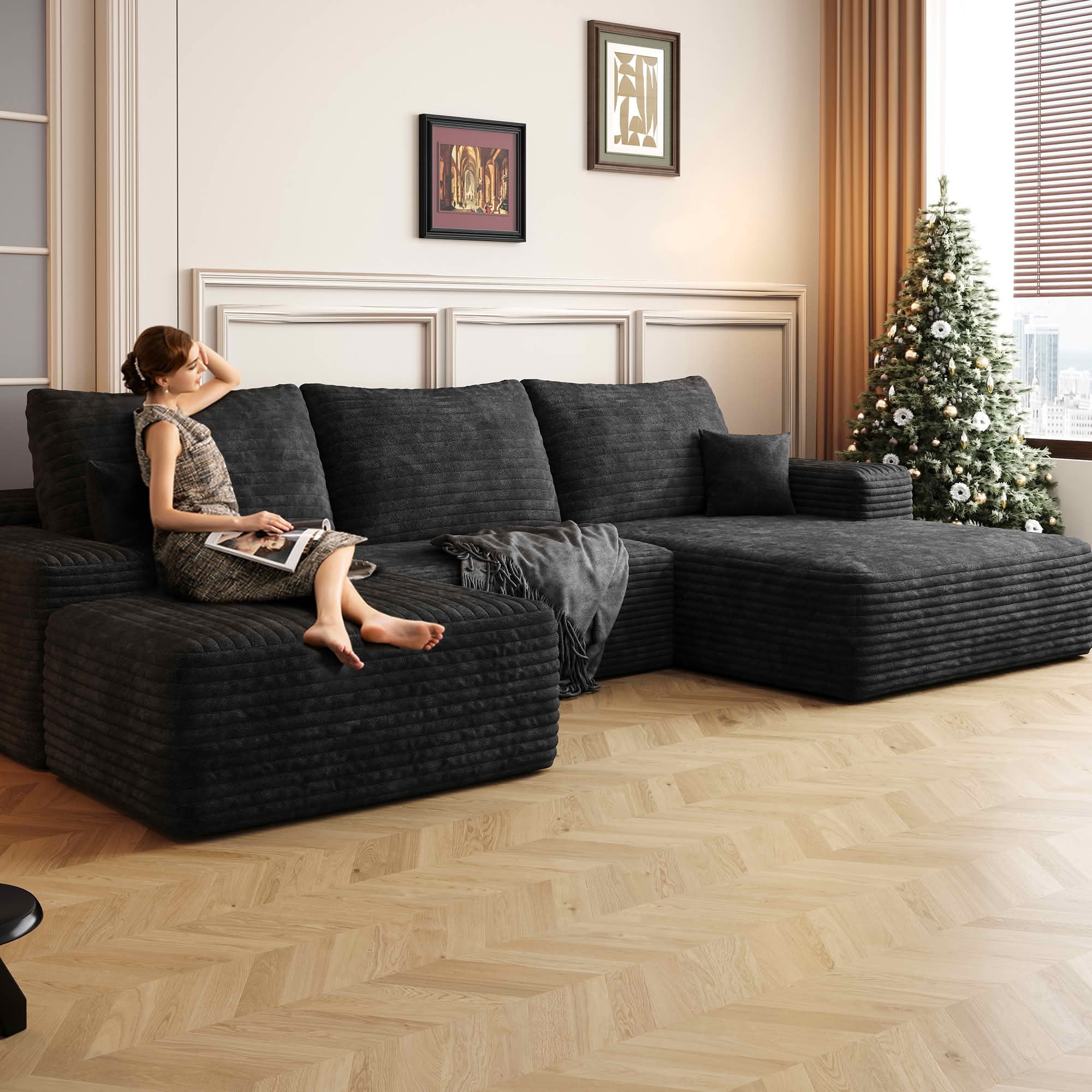 MAYEERTY 107 Inch U‑Shaped Cloud Modular Sectional Sofa with 1 Ottoman, Modern Deep‑Seat Corner Couch, Plush Corduroy Reversible Sofa, No‑Assembly for Living Room Bedroom Apartment