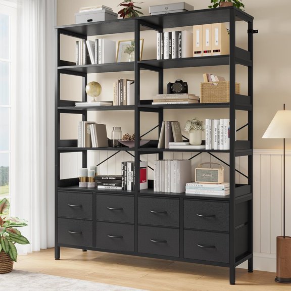 Bookshelf with 8 Fabric Drawers, 7-Tier Bookcase with Baffles Display Shelves, Large Book Shelf for Living Room Home Office, Black
