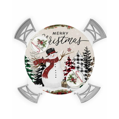 

Round Tablecloth with Elastic Merry Christmas Snowman Xmas Tree Plaid Linen Tetxure Waterproof Table Cover Wipeable Fitted Table Cloths for 55 -60 Round Tables Dining Kitchen Indoor Outdoor Use