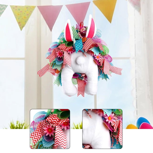 Corona de Pascua con trasero y orejas de conejo, decoración colgante, corona de conejo colorida para puerta de entrada, decoración navideña del hogar,