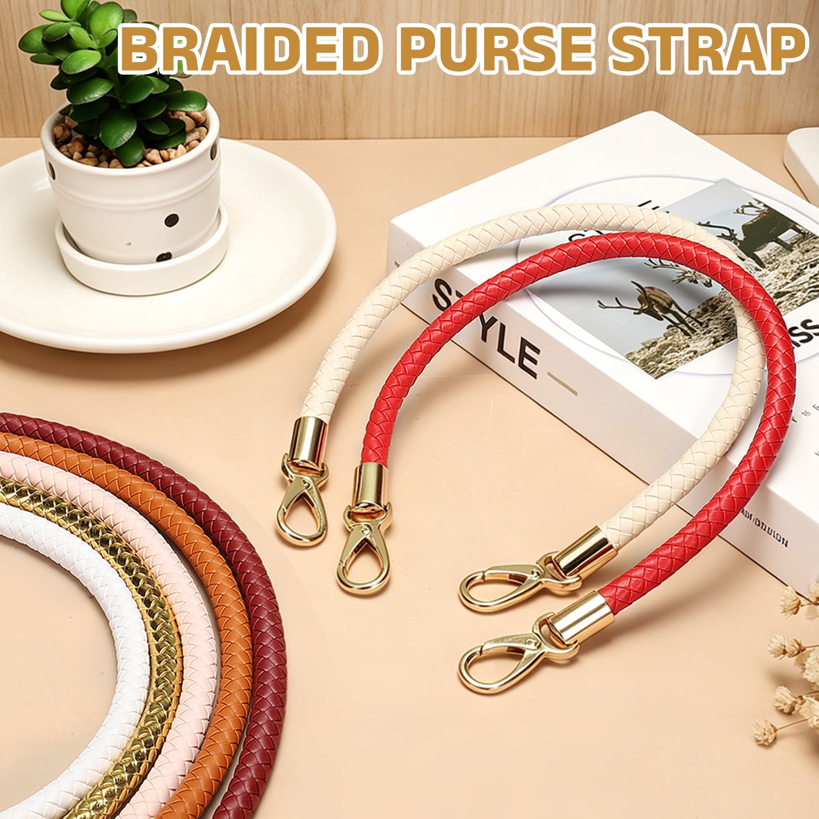 Uxcell 2 Pcs Braided Purse Strap, 65cm 25.6" PU Leather Shoulder Purse Strap for Handbag Bag Handle Replacement for DIY Making Handbag Underarm Bag, Dark Khaki (Light Gold Buckle)