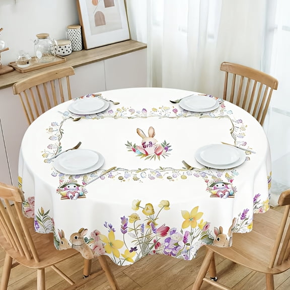1 Round/Square Table Cover-Easter Tablecloth, Spring Summer Tablecloth, White Easter Bunny, Easter Eggs, Easter Decor, Ideal for Party Picnics And Dinner Decor