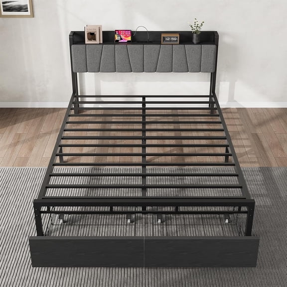 Acekid King Size Bed Frame with Storage Drawers & Charging Station, Upholstered Headboard, Metal Slats Support, No Box Spring, Black