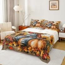 Manfei Western Farmhouse Screcrow Twin Sheet Sets,Orange Pumpkin Maples Twin Fitted Sheet,Hello Fall Flat Sheet For Child,Ultra Soft Home Decor,3 Pieces