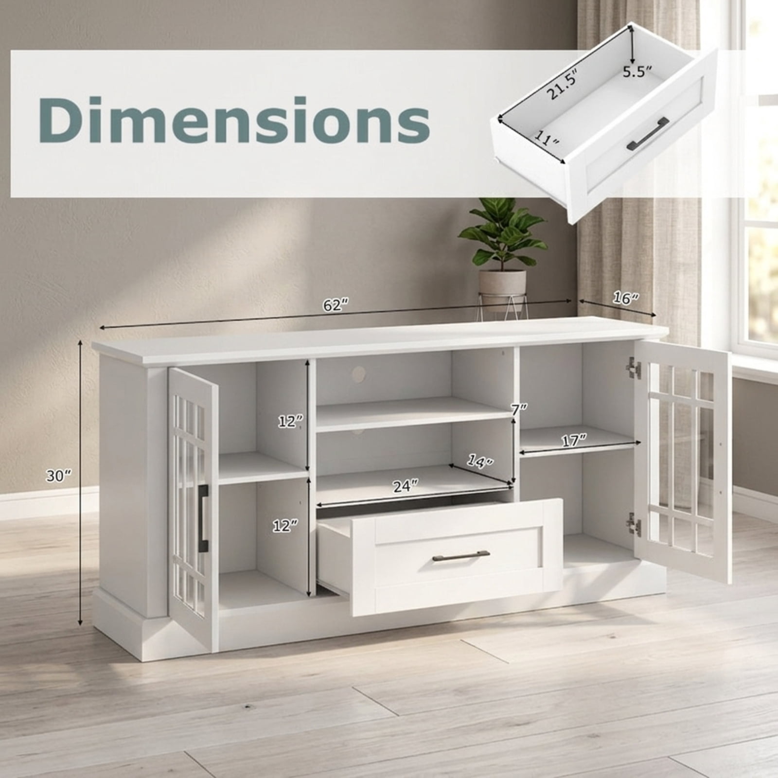 Furnibear TV Stand Entertainment Center for TVs up to 70 Inch with Tempered Glass Doors Cubbies and Drawer for Living Room Media Storage, White