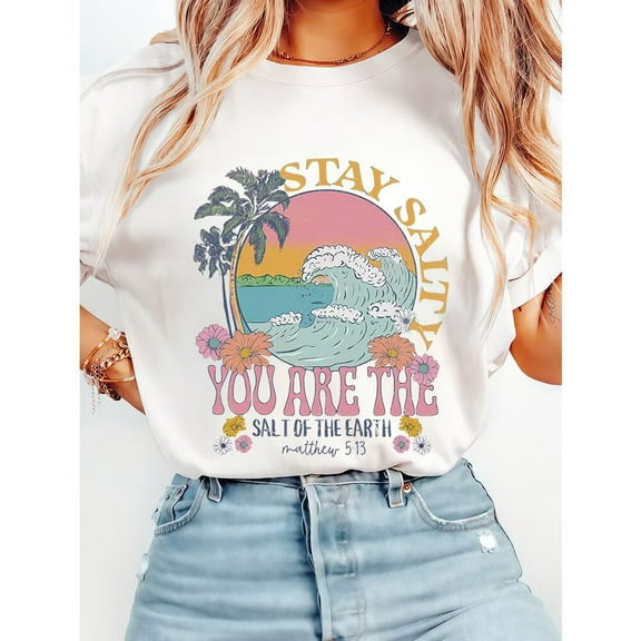 Stay Salty Christian Matthew 5:13 Print Tshirt Bible Verse Graphic Tees Faith Based Casual Short Sleeve Tops Inspirational Cotton Shirts for Daily Outfits White,S