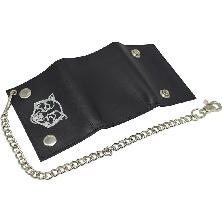 Wolf RFID Blocking Trifold Biker Men's Genuine Leather Steel Chain