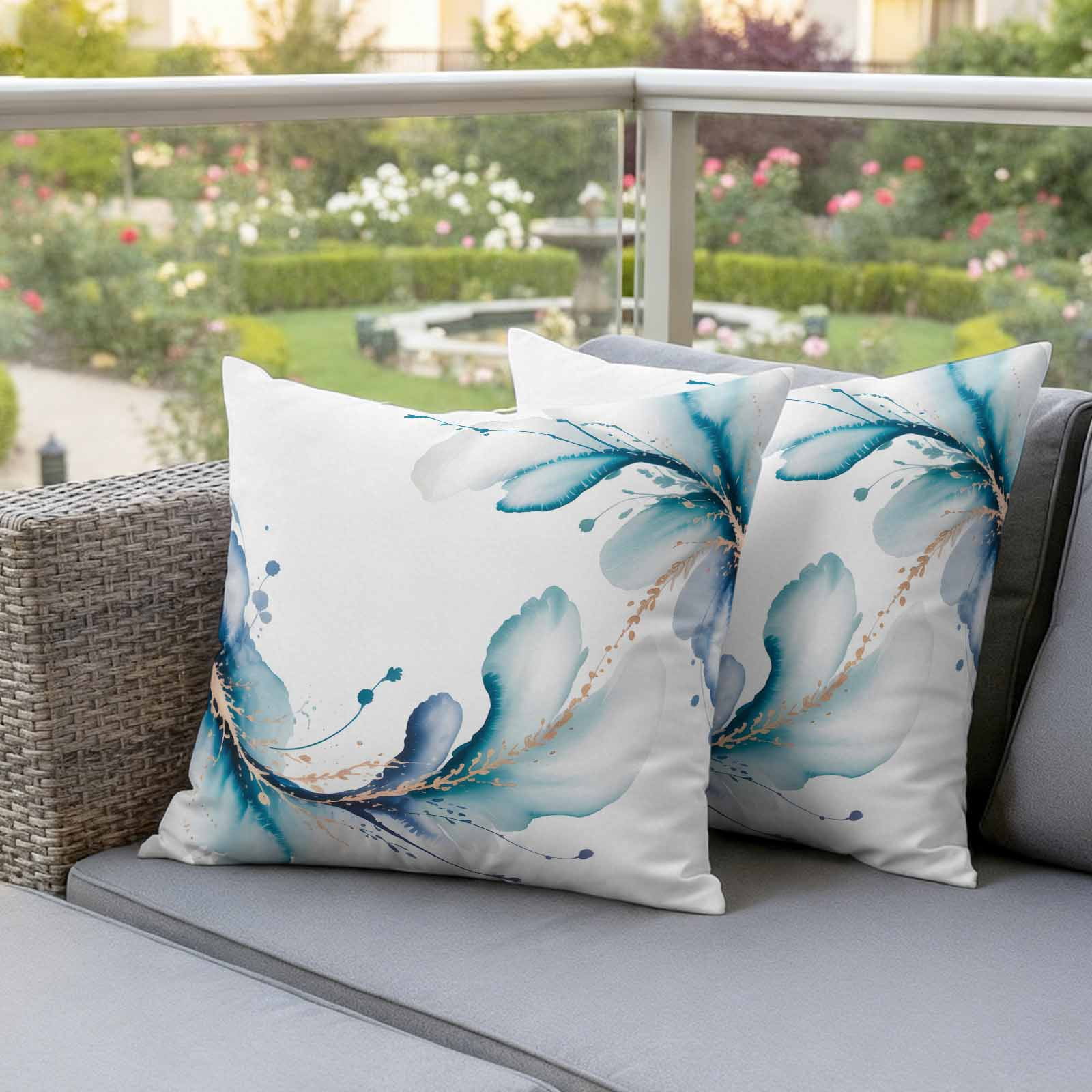 Blue Marble Stone Outdoor Waterproof Throw Pillow Covers 24x24 Set of 2, White Ink Splash Farm Marble Abstract Decorative Pillowcases Cushion Pillowcase for Couch Sofa Patio Outside Pillow Protector