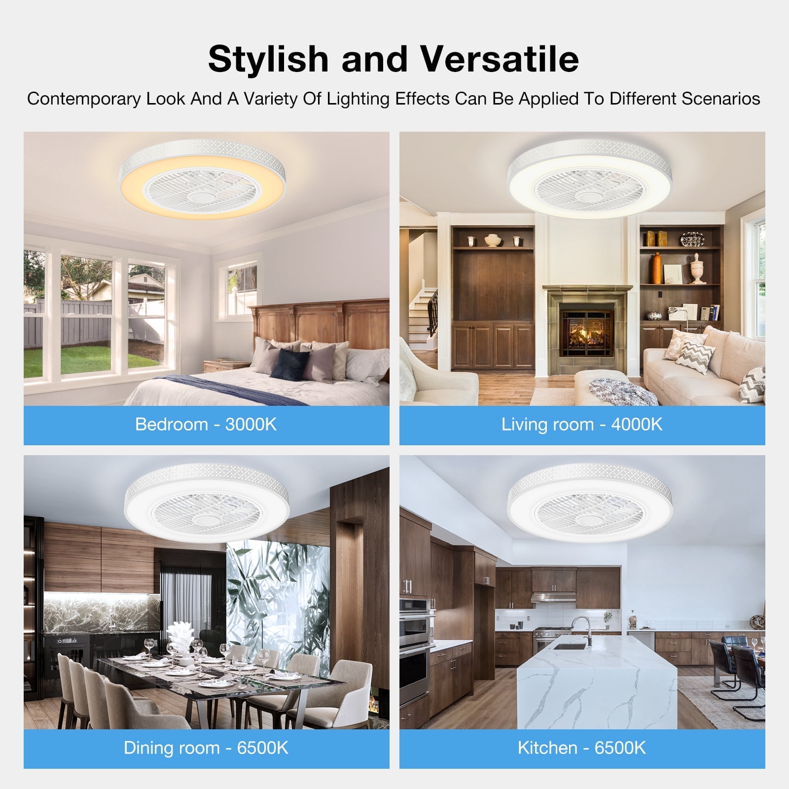 BLITZWILL 18 in Round Ceiling Fans with Lights, Dimmable Color Temperature and 6 Speeds, Remote & APP Control, Flush Mount Bladeless Reversible Motor, White