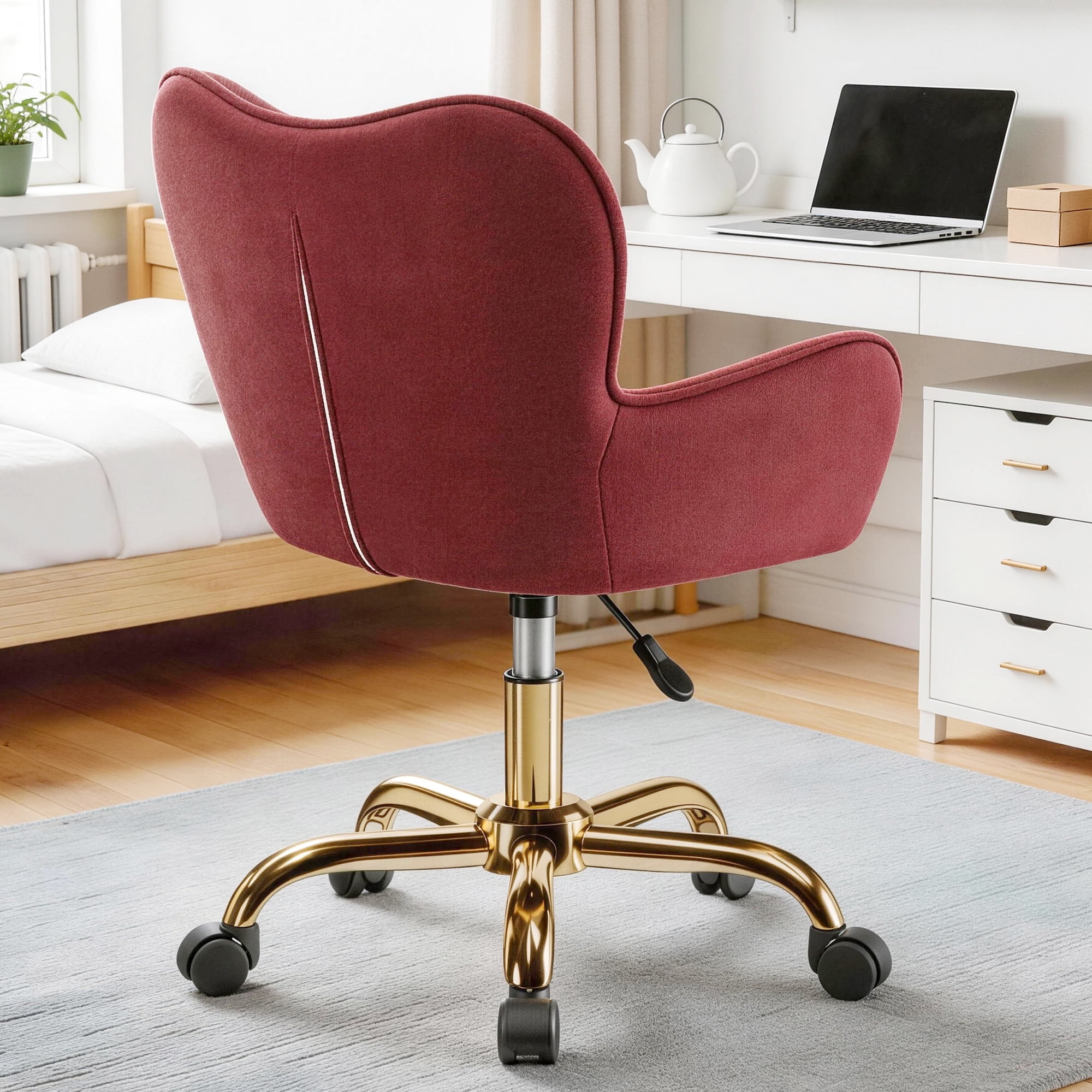COOHUT Velvet Vanity Chair, Mackup Chair with Wheels, Comfy Swivel Modern Leisure Armchair for Girls Women, Small Office Chair Height Adjustable for Living Room, Bedroom, Offic, Rose Red