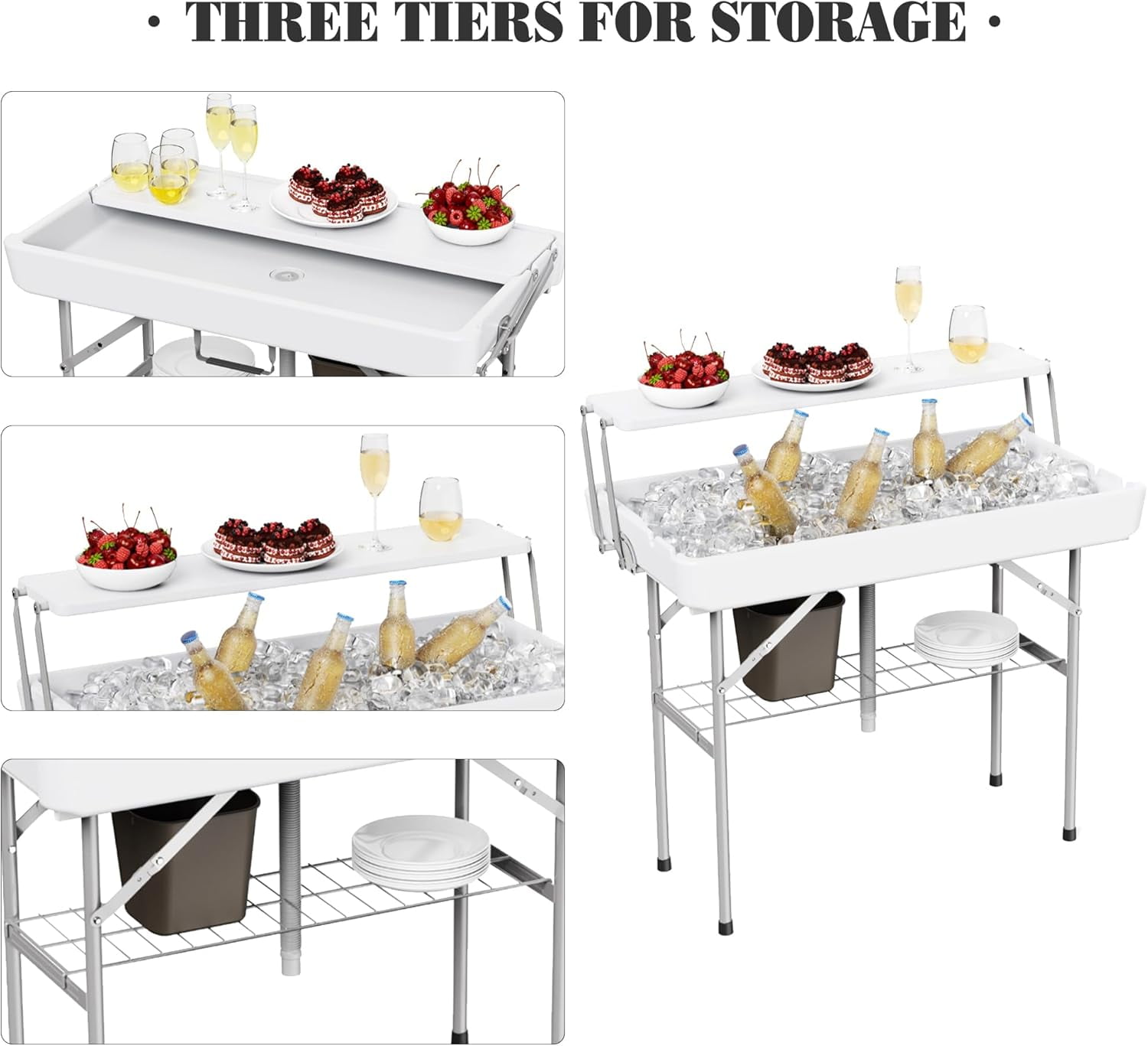 2 Tiers Outdoor Folding Ice Cooler Table with Matching Skirt, Portable Party Table with Grid Rack & Drain Hose for Patio Picnic Camping Wedding, White