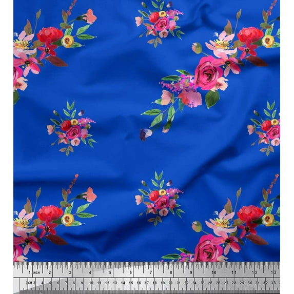 Soimoi Blue Silk Fabric Leaves & Ranunculus Floral Print Fabric by the Yard 42 Inch Wide