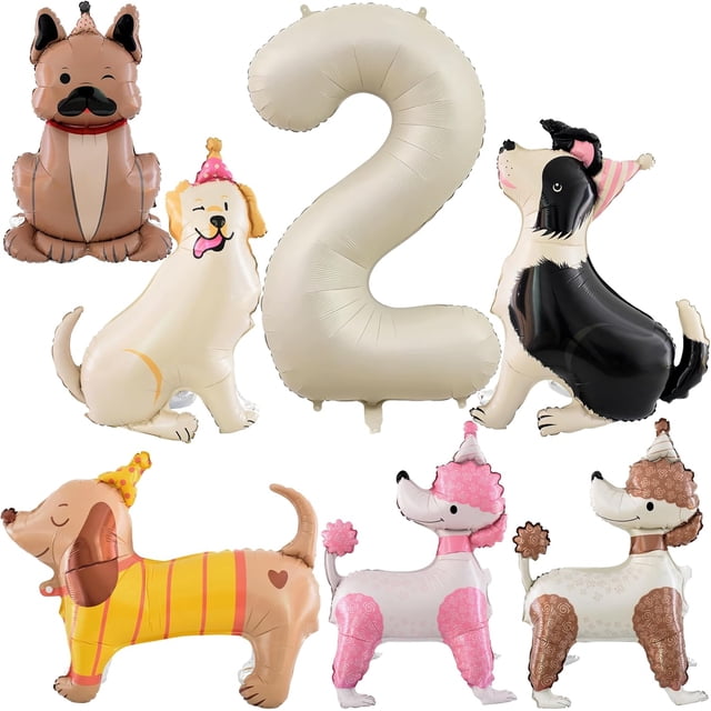 Yanonmyfd 7pcs Dog Balloon Set – Dog 2nd Birthday Decorations Cute Puppy Foil Mylar Animal Balloons with Number 2 for Dog Themed Birthday Party Baby Shower,Number 2