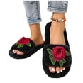 thumbnail image 6 of Women Fluffy Faux Fur Embroidery Rose Open Toe Slide Slippers Black 9-9.5, 6 of 9