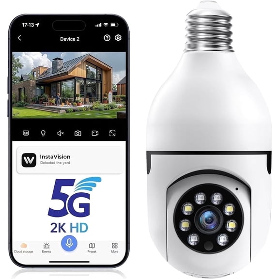 GBIUT 5G& 2.4GHz Wifi Light Bulb Security Camera, 2K HD Security Cameras for Home, Wireless Outdoor Motion Detection and Alarm, Two-Way Talk, Color Night Vision