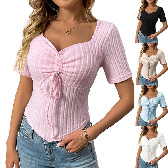 Olyvenn Women's Y2k Trendy Short Sleeve Shirt Cute Ruched Drawstring Slim Fit Pullover Tops Y2k Clothes Party Dressy Beige L