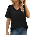 thumbnail image 4 of TEMOFON Women Tops Short Sleeve Tunic Tops Summer V Neck T Shirt Solid Black Tee Casual Loose Shirts for Women Size L, 4 of 5