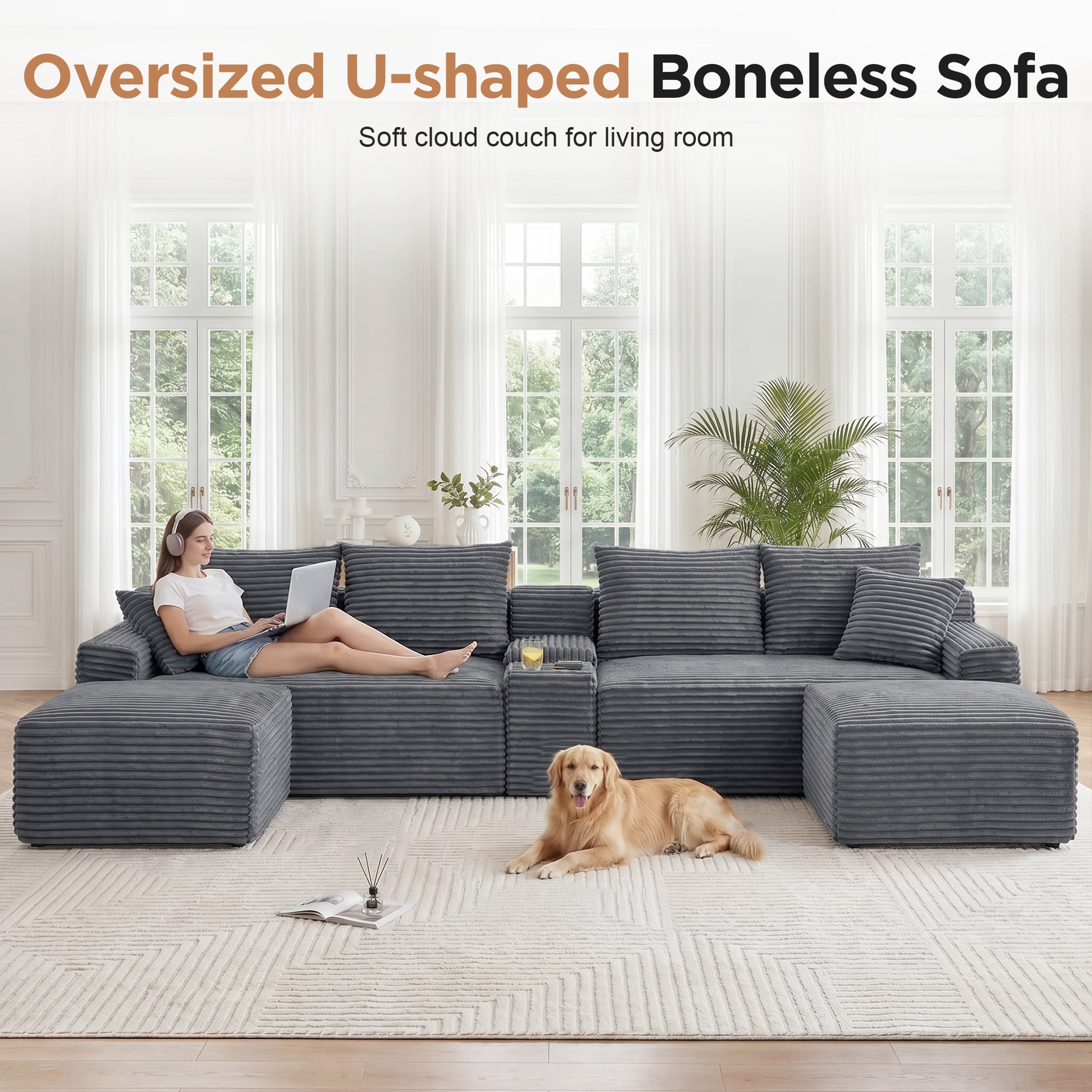 Aenkyo 127" Corduroy U-Shaped Modular Sectional Sofa with Storage Console and Cup Holder, Gray