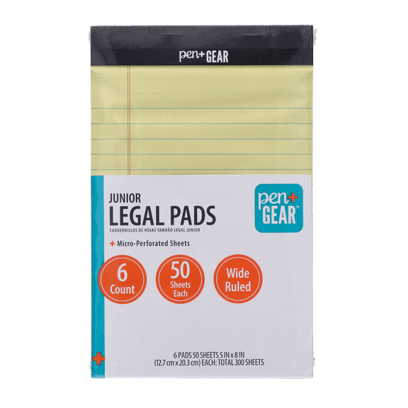 Pen+Gear Wide Ruled Junior Legal Pads, 5" x 8", Canary Paper, 50 Sheets Each, 100 Pages, 6 Pack