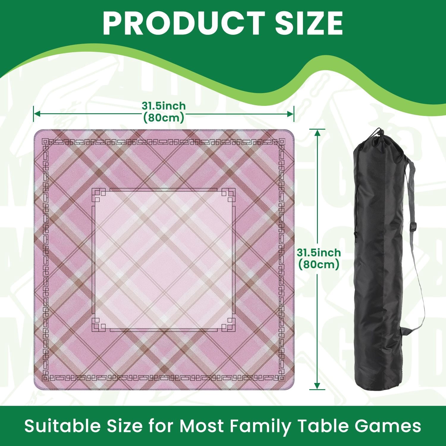 Mahjong Mat 31.5" x 31.5" Pink Plaid Subtle Brown Accents Diagonal Lines Non-Slip Noise Reduction American Mahjong Tiles Table Cover for Dominoes Poker Card Board Games Gift