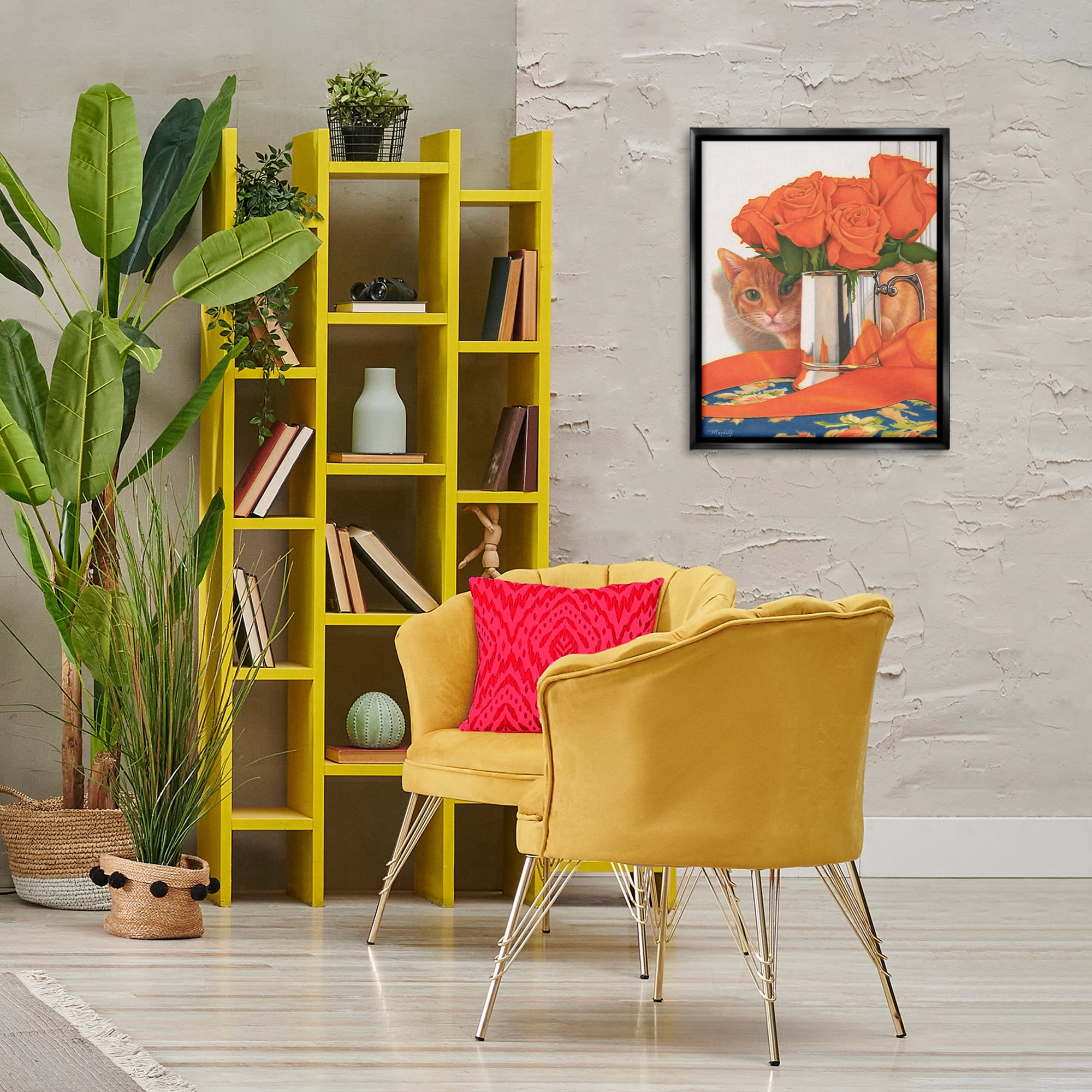 Stupell Industries Cat Peeking Rose Bouquet Animals & Insects Painting Black Floater Framed Canvas Art Print Wall Art, 17 x 21